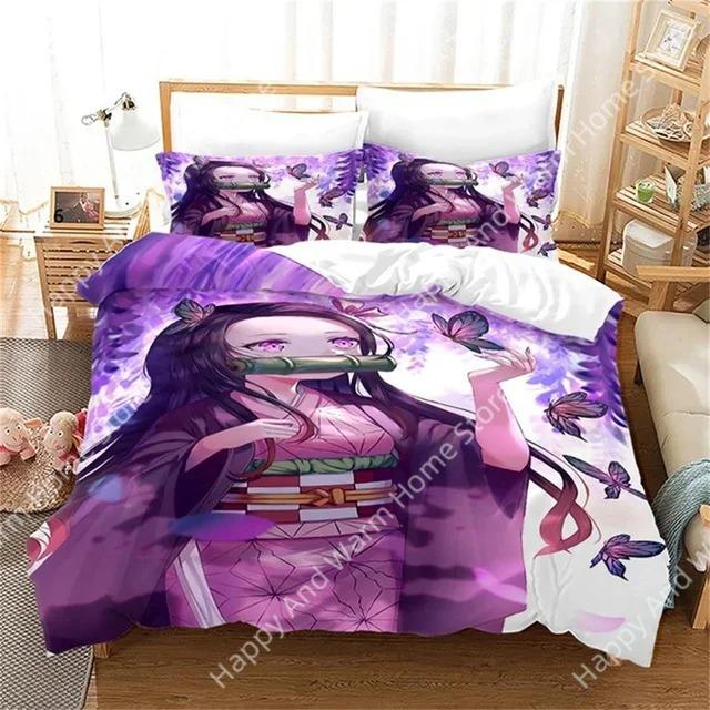 Anime Demon Slayer Beding Set Nezuko Kamado Soft Duvet Cover Warm Comforter Bed Linen Single Twin Ful Quen Sized Dimensions 3d Girl Young Boys Gift