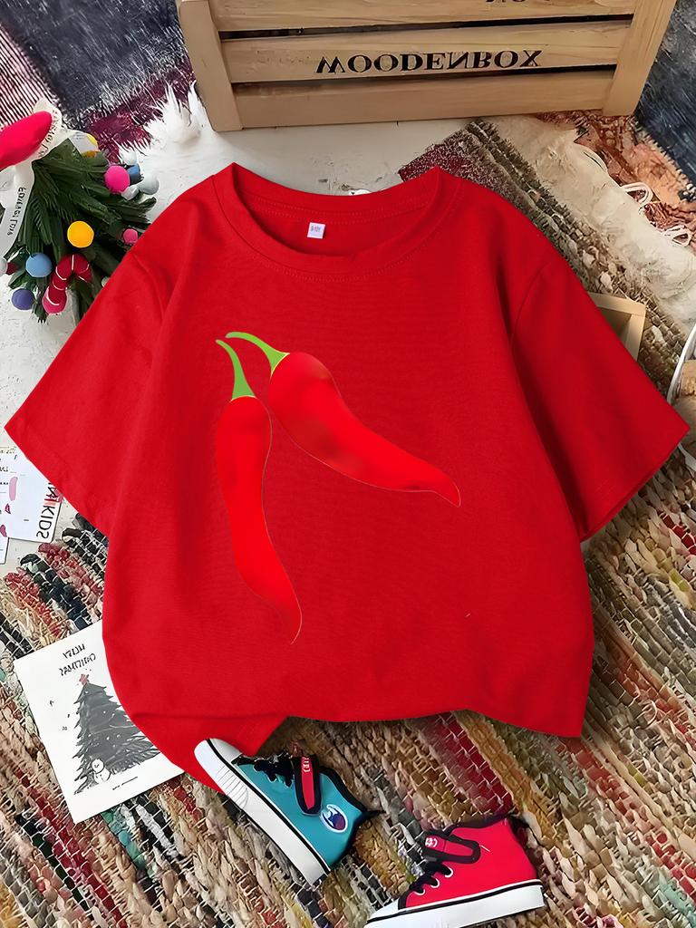Vivid Red Chili Simple Print Kids Tee Boys Girls Family Matching Short Sleeve Soft Breathable Daily Parent Child Comfort Tops