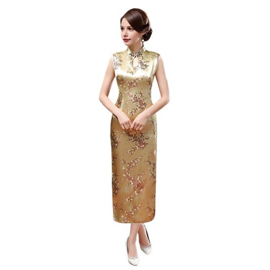 Ženy Léto Cheongsam Stojánek Límec Květinový potisk Dutý Rozdělený lem Bez rukávů Qipao Slim Fit Retro Čínský styl Délka do půli lýtek Svatba