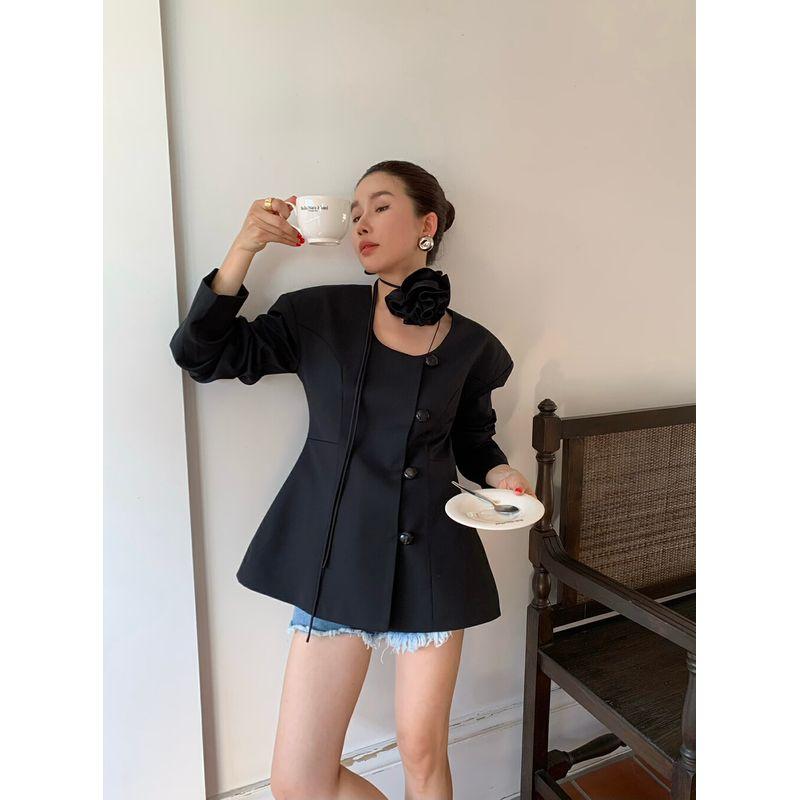 

All in South Korea Dongdaemun French Style Vintage Blazer Waist-Tight Slim Looking 2025 Spring New Arrival Accessible Luxury Suit Black S