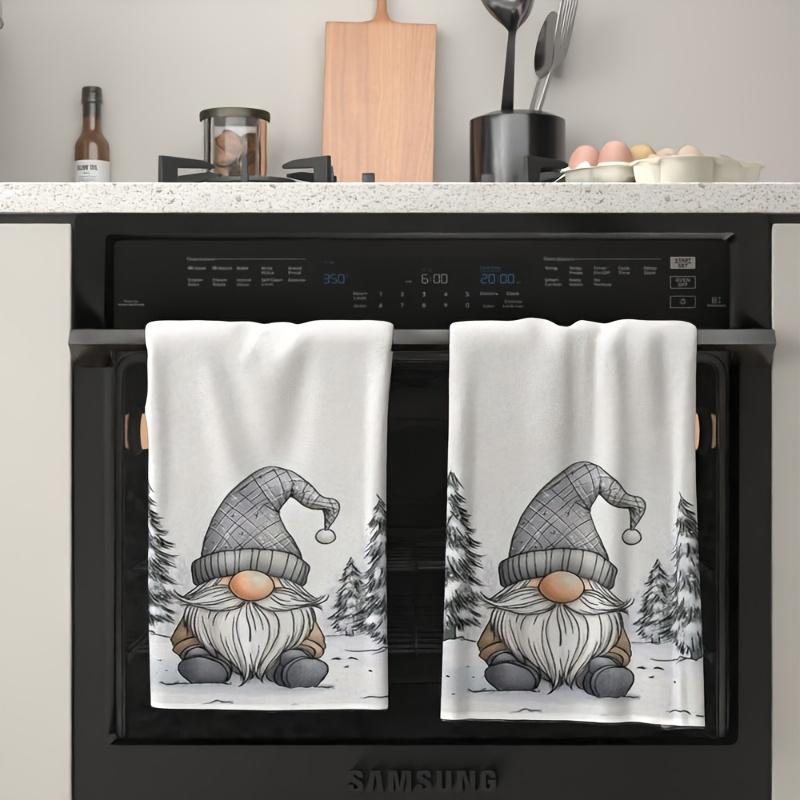 2pcs Christmas Gnome Kitchen Towels - Extra Soft Microfiber, Cute Cartoon Gnome Art with Winter Hat & Snowy Trees Design