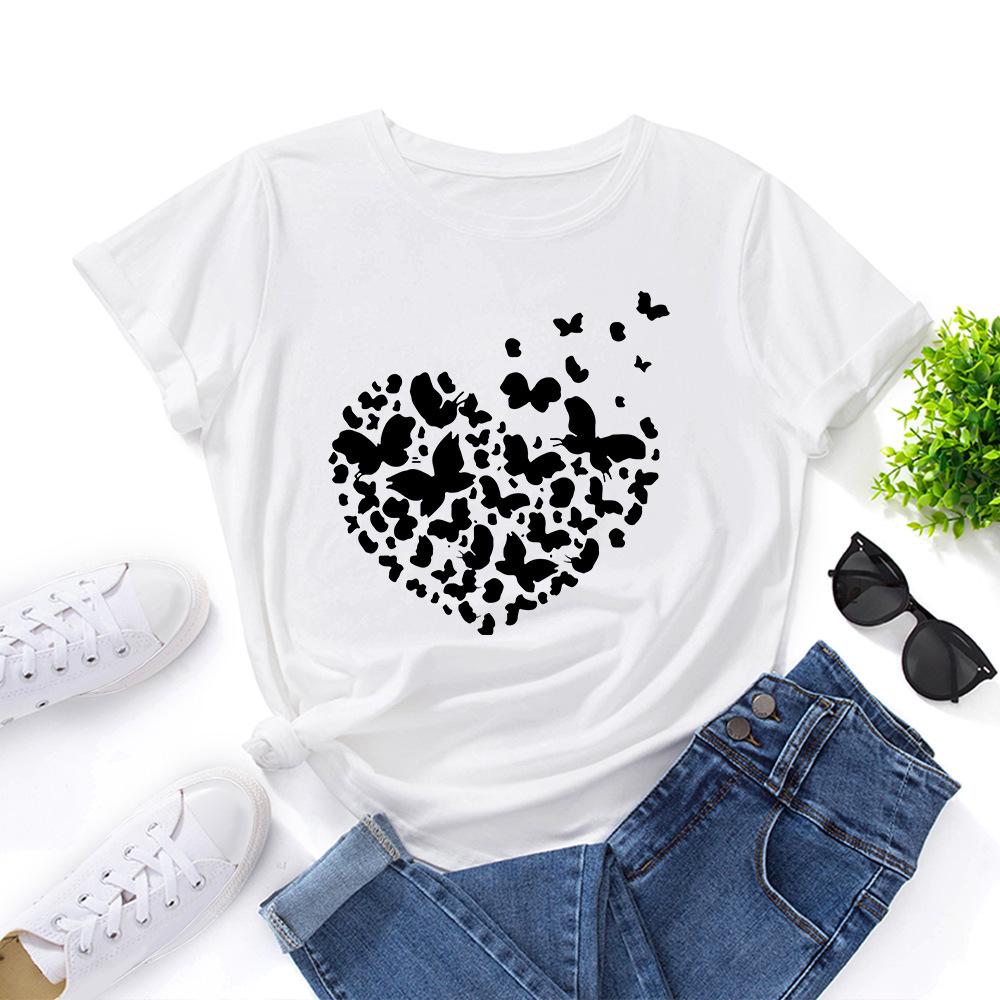 Baumwoll-T-Shirt Kurzarm Rundhals Damen 2D-Druck Tops