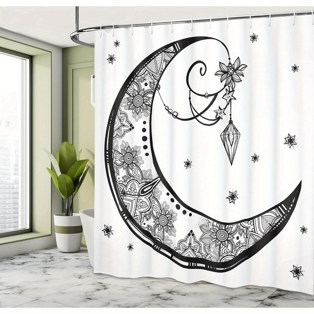 Schwarz-Weiß Paisley Blumiger Mond Duschvorhang - Halbmond Edelstein Astrologie Design, Elegantes Polyester, Mystische Badezimmer Dekoration
