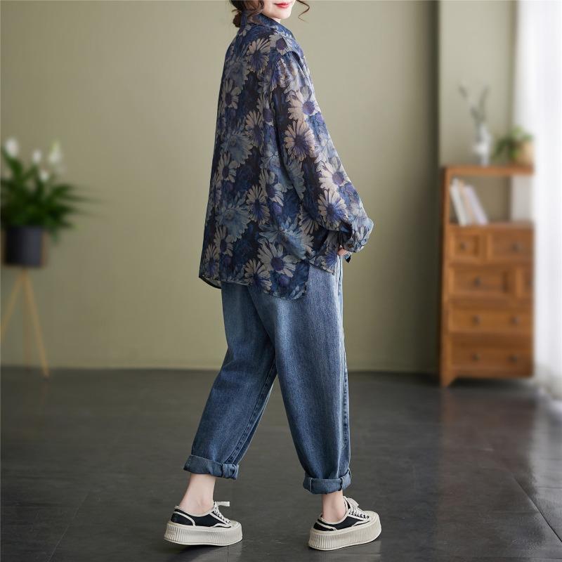 Women Casual Loose Long Sleeve Printed Fashion Shirt Slimming Daily Base Top