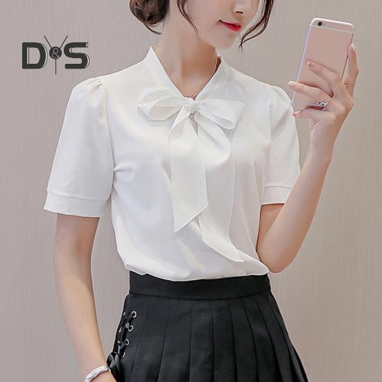 Spring Summer Women Bowknot Lace Up Collar Shirt Tops Long Sleeve Solid Color Casual Chiffon Blouse Workwear