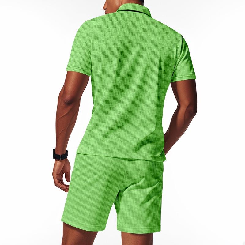Men Waffle Turn Down Collar Polo Short Sleeve Shorts Casual Two Piece Set