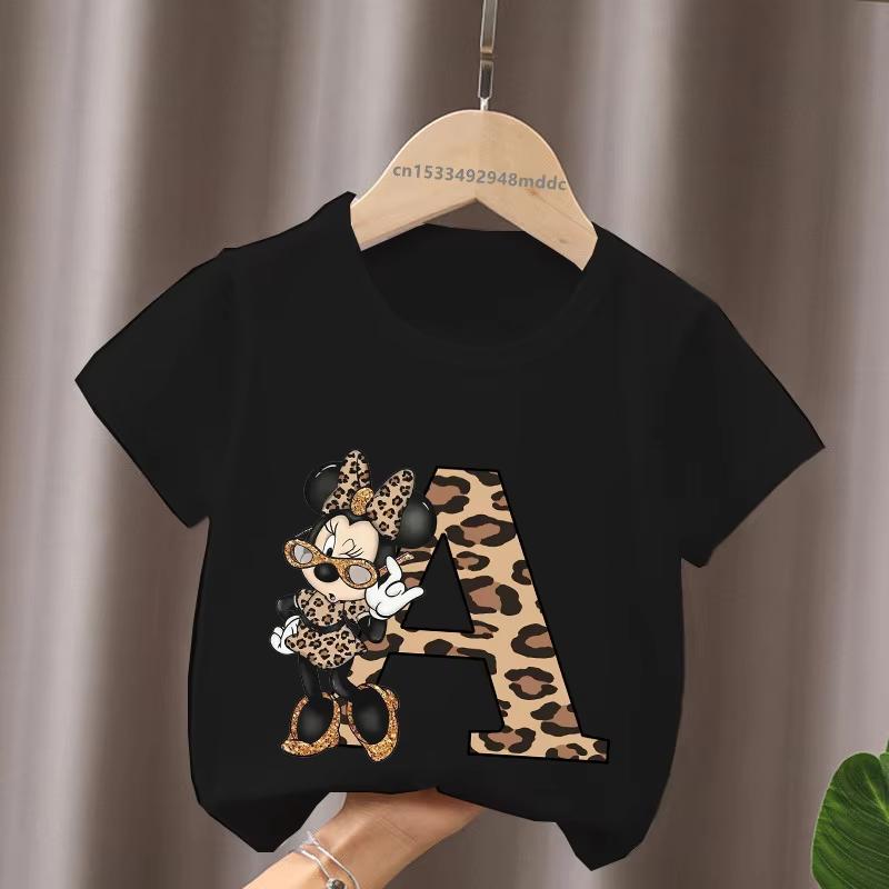 Mouse Leopard Letter A B C Name Print Unisex Women Tops Kids Tshirt Clothes Black Short Sleeve Black T Shirt