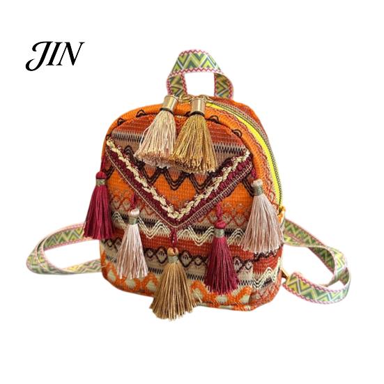 Shoulder Pressure Relief Bag Ethnic Jacquard Backpack, Colorful Small Backpack with Tassels, Geometric Tassel Decoration Straps, Boho Crossbody Purse