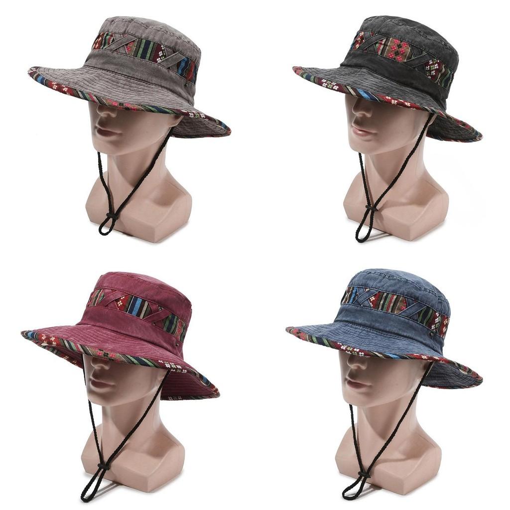 Ethnic Style Geometric Pattern Design Neutral Casual Denim Fisherman Hat For Outdoor Sun Protection