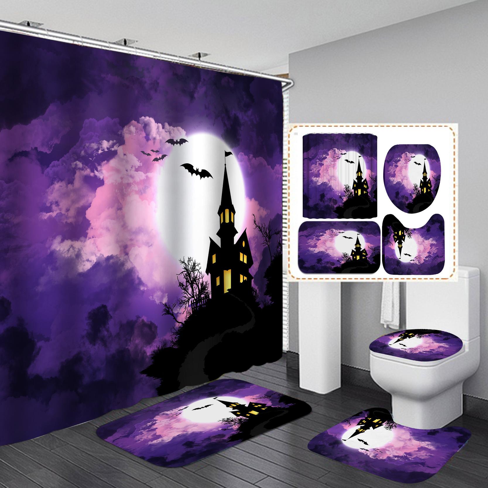 4-teiliges Halloween-Duschvorhang-Set – Mit Geister & Kürbis-Motiv | Inkl. Vorhang, Teppich, WC-Deckel & Matte | Polyester