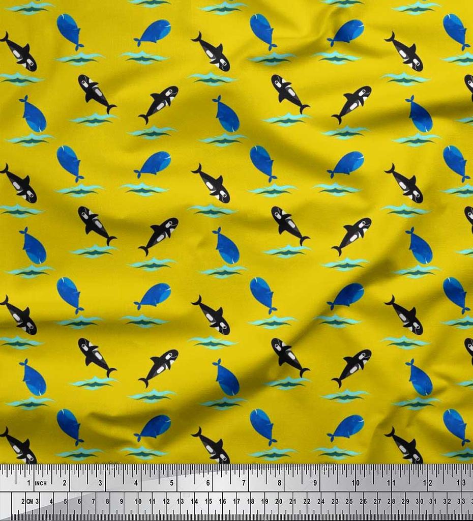 Soimoi Japan Crepe Satin Fabric Waves,Whale & Dolphin Ocean Decor Fabric Printed metre 42 Inch