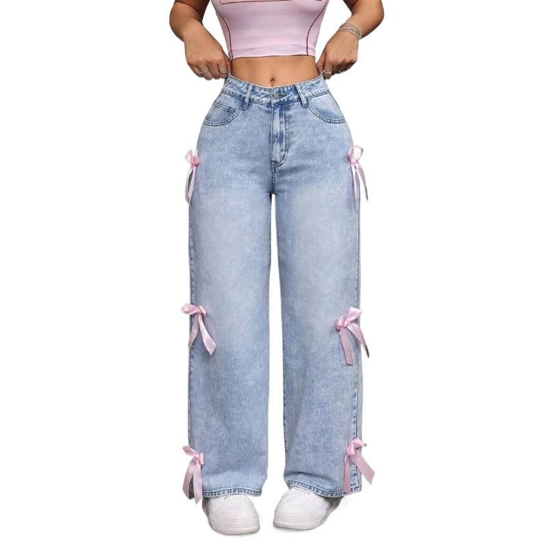 Women's Straight Leg Jeans Slimming Casual Pants Stylish Bow-tie Jeans Loose Straight Leg Wide-leg Trousers