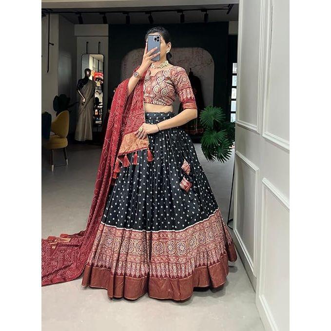 Dámská dokonale Kolekce Tussarové hedvábí Lehenga Choli Patola potisk s fóliovou prací, Nesešitá halenka,