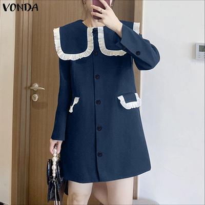 Women Elegant Big Lapel Neck Long Sleeve Stitching Casual Mini Dress