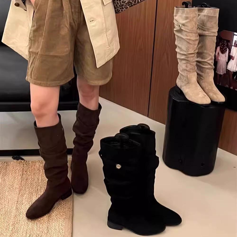 Coarse Heel Suede Khaki Pile Medium Tube Knight Boots Women's Shoes New Autumn and Winter Long Boots