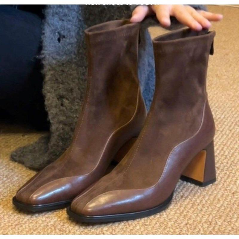 

Мода Новый Стиль Винтажные Женские Модные Сапоги Элегантные Современные Сапоги Женские Острый Носок Задняя Молния Тонкий Каблук Швейная Обувь Zapatos Mujer 42 коричневый