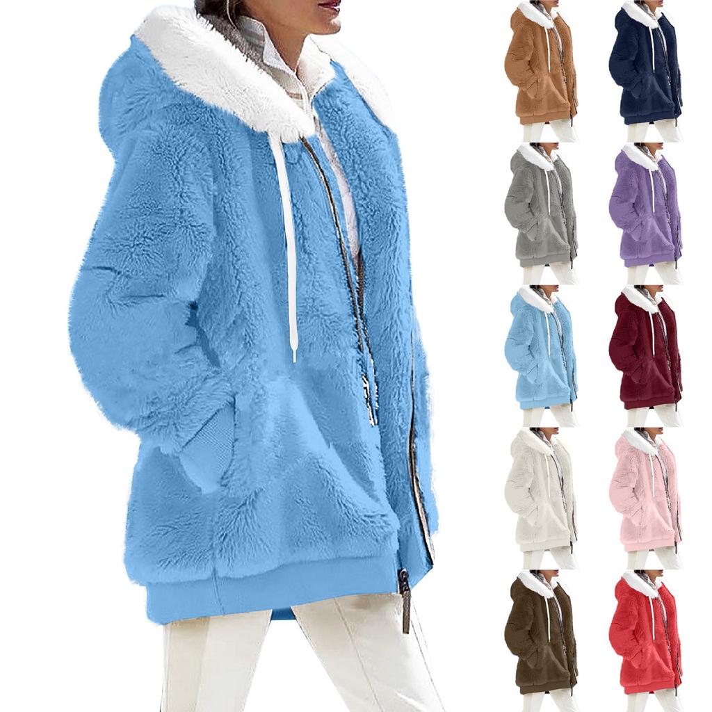 Women's Fashion Fuzzy Solid Color Zippered Pocket Hooded Long Sleeve Loose Warm Jacket