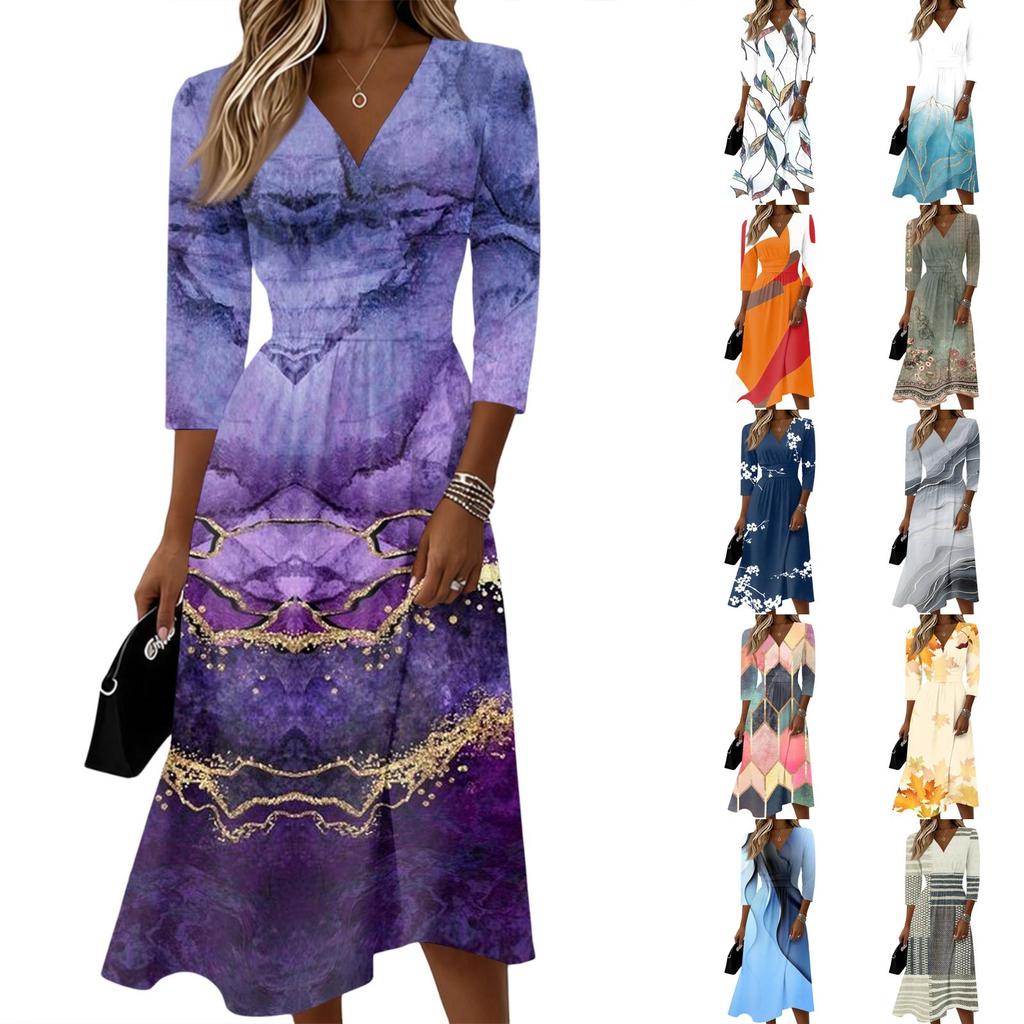 Women's Casual Color V-Neck Three-Quarter Sleeve Back Zipper Dress