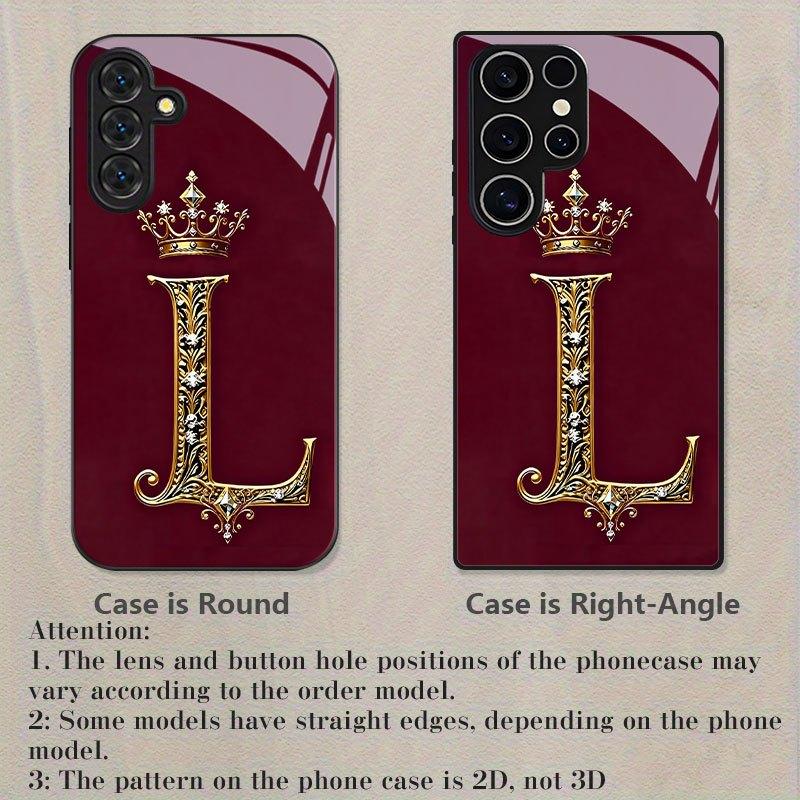 Gold Crown Letter L Pattern Glass Phone Case for Samsung Galaxy S26 S25 S24 S23 S22 S21 S20 FE Ultra Plus 5Ganti-fall Back Cover
