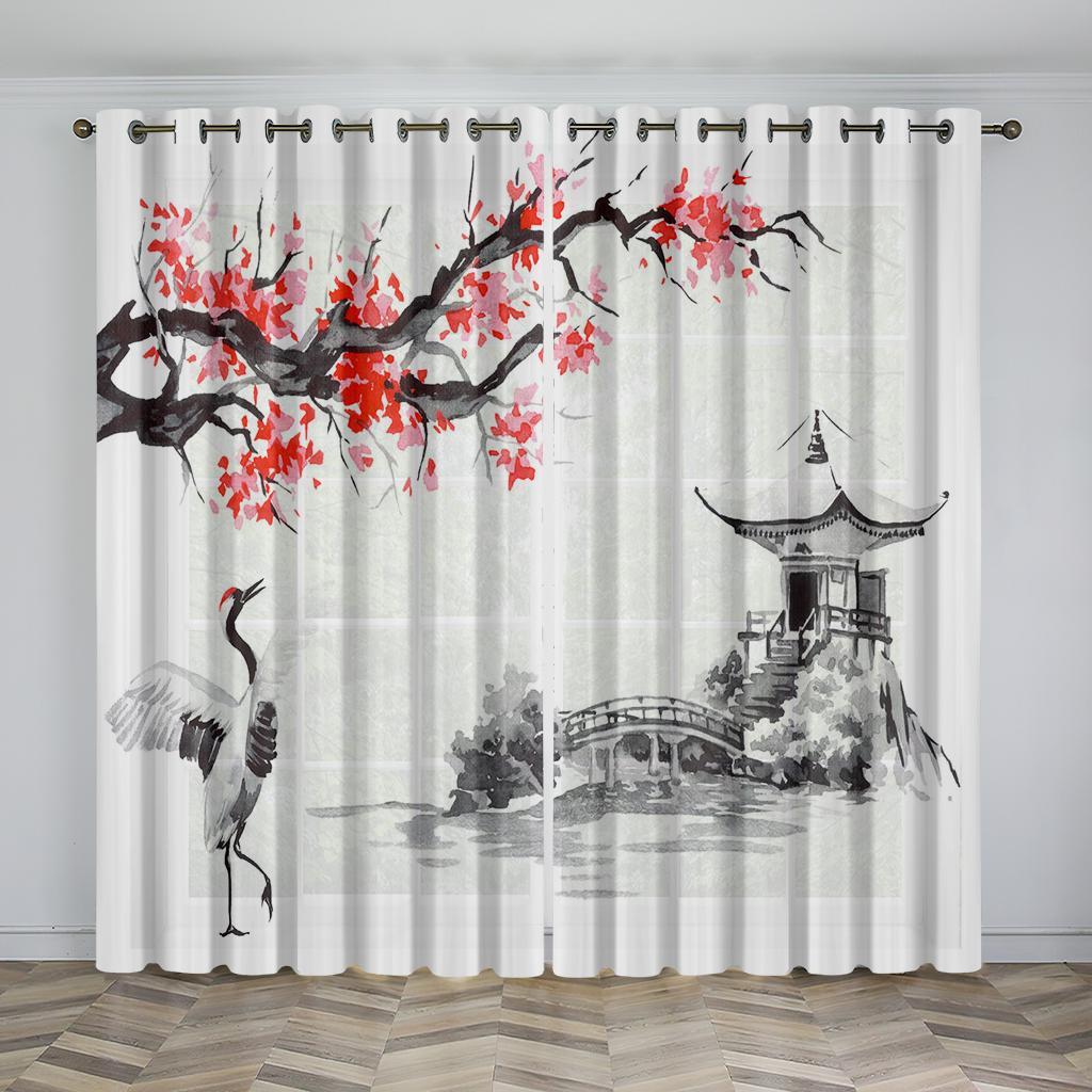 Chinese Style Natural Scenery Curtains Mountains Rivers Lakes Flowers Plants Elegant Curtains 2 Panels Living Room Bedroom Decor