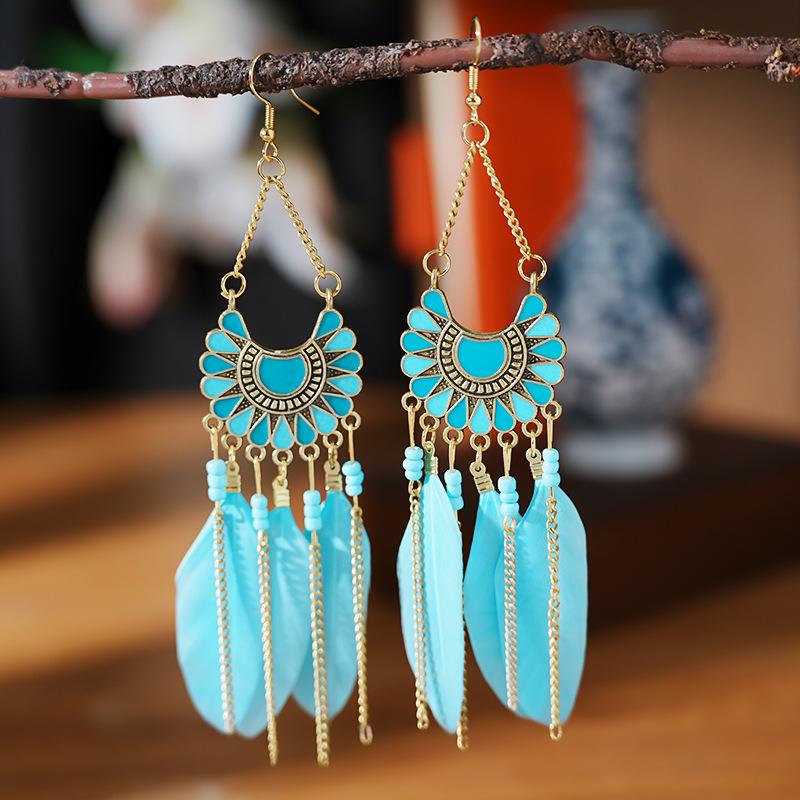Modische Böhmische Bunte Federohrringe für Damen Ethnischer Stil Lange Geometrische Ohrringe Damen Schmuck Accessoires Geschenk