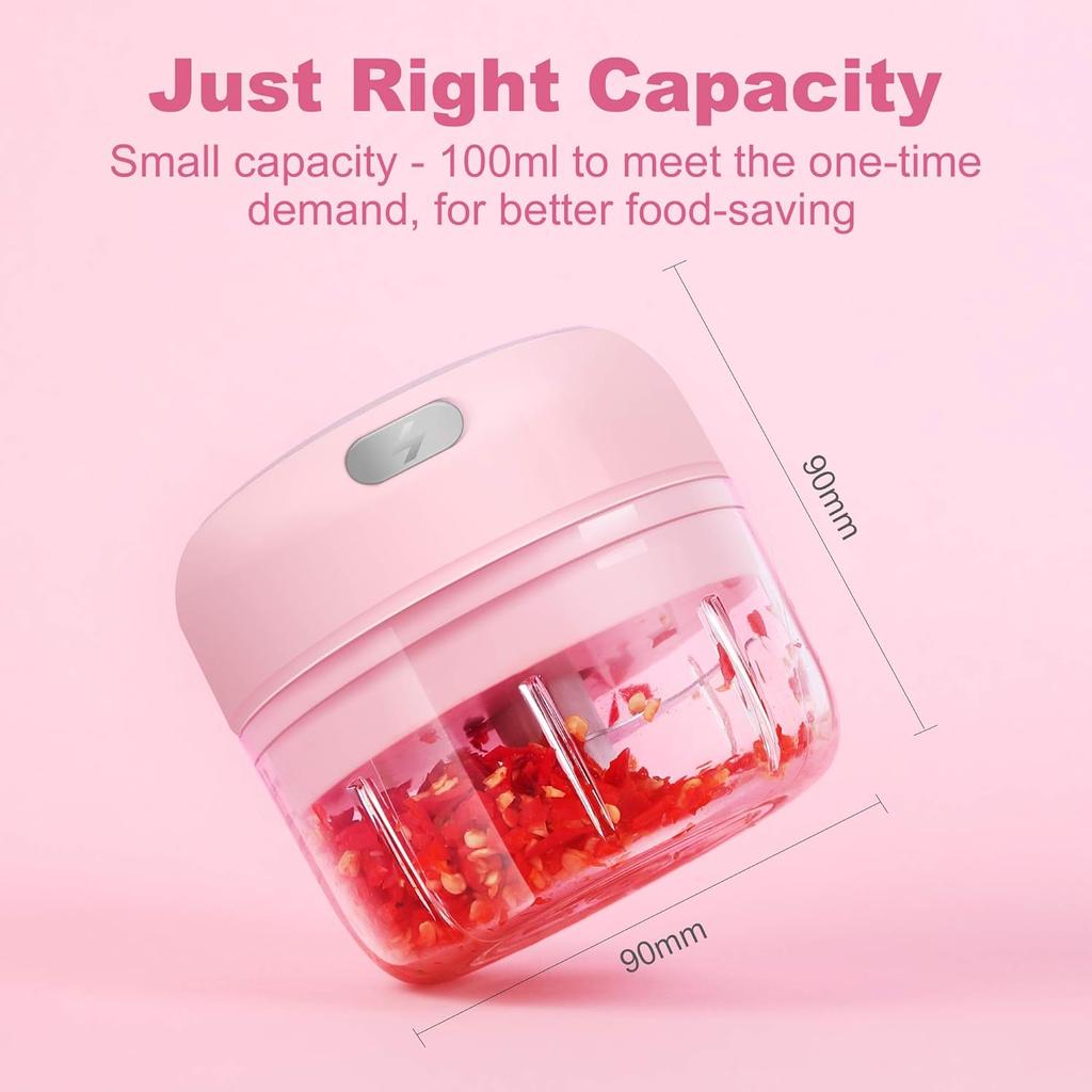 Electric Mini Garlic Chopper (Portable, Wireless, 100ml) with Spoon, Food Chopper Tool, Mini Chopper for Mashing Onion, Garlic, Chili, Peppers,