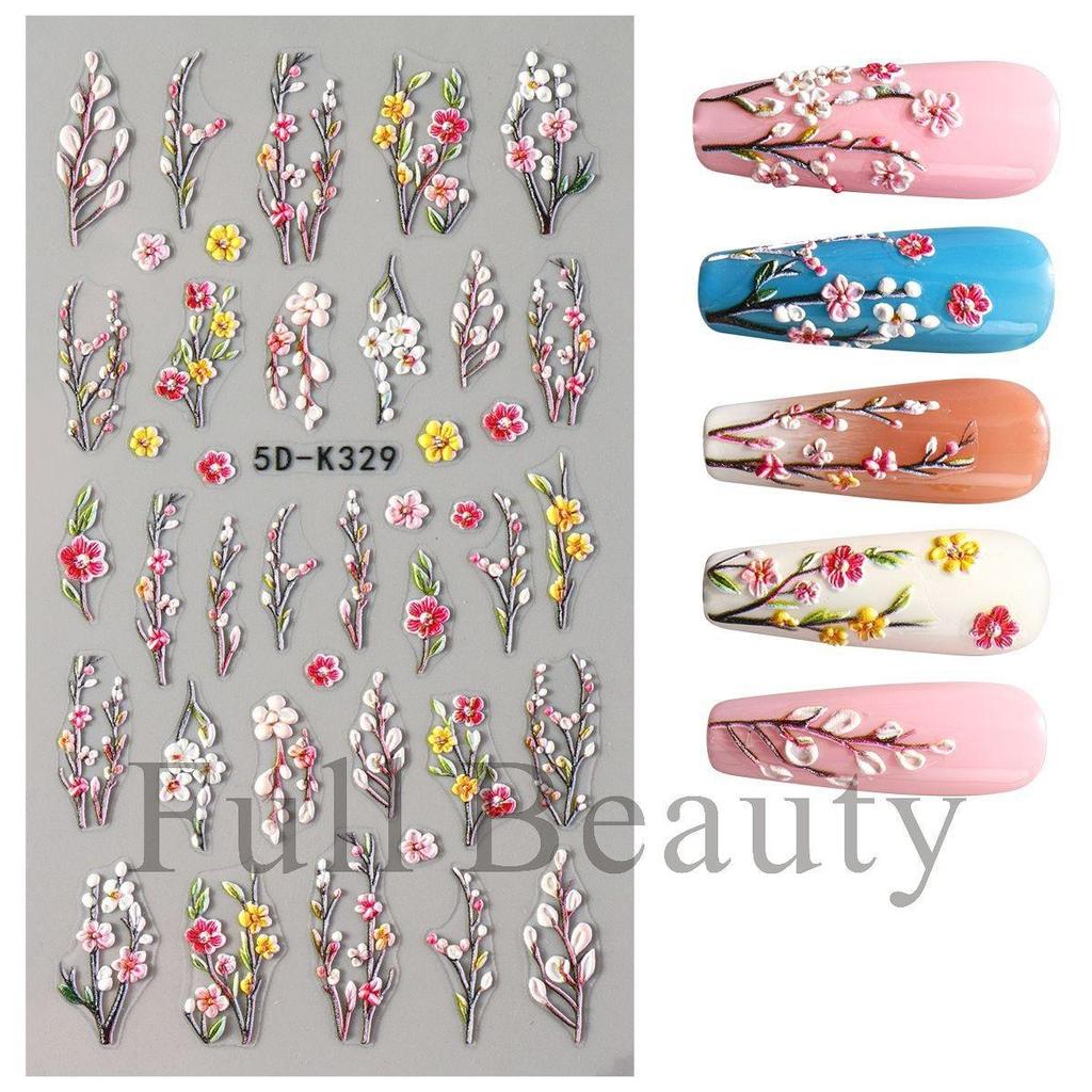 5D embosované samolepky na nehty Bílé květinové obtisky na nehty Gravírování květinových tipů na nehty