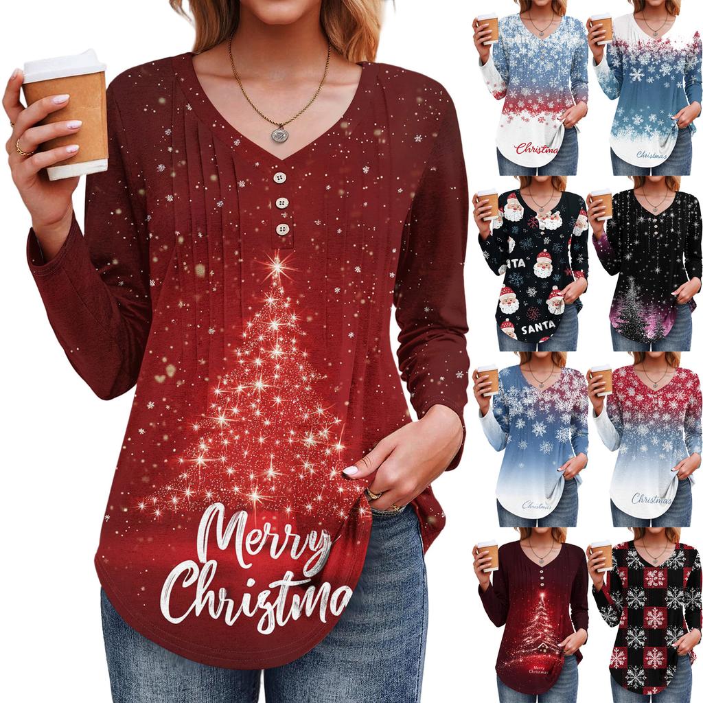 Women's Fashion Casual Christmas Tree Print V-Neck Decorative Button Long Sleeve T-Shirt Top