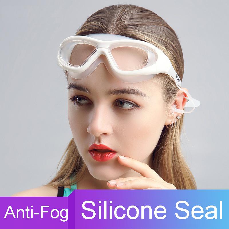 Schwimmbrille mit großem Rahmen und Ohrstöpseln, HD-transparente Gläser, beschlagfrei, Silikon, wasserdicht, Herren, Damen, Schwimmbrille, Erwachsene