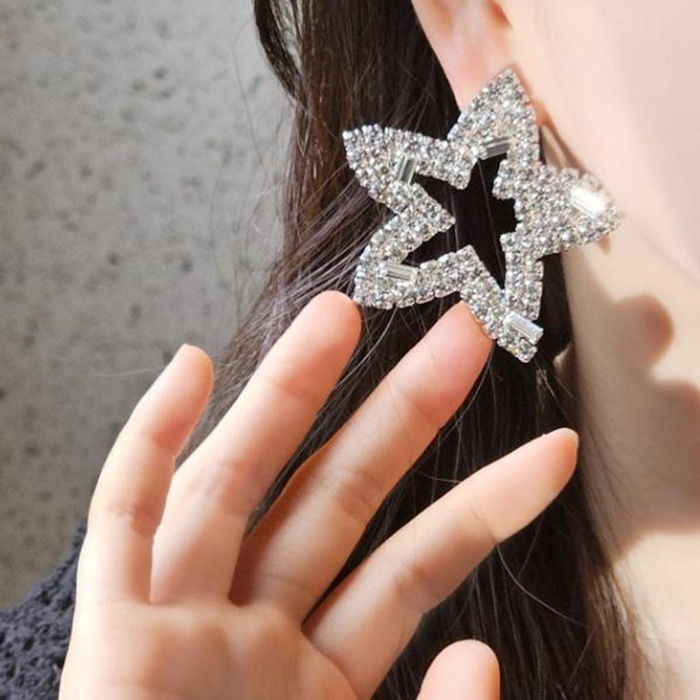Women's Cubic Star Giant Earrings [Silver Needle]