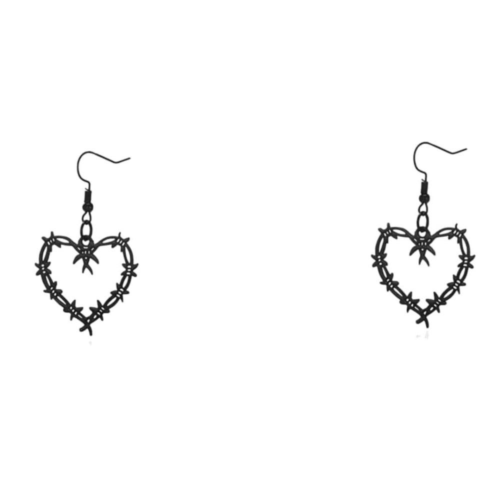 Gothic Punk Black Double-layered Barbed Wire Woven Heart Shape Pendant Dangle Earrings for Men Women Halloween Fashion Jewelry
