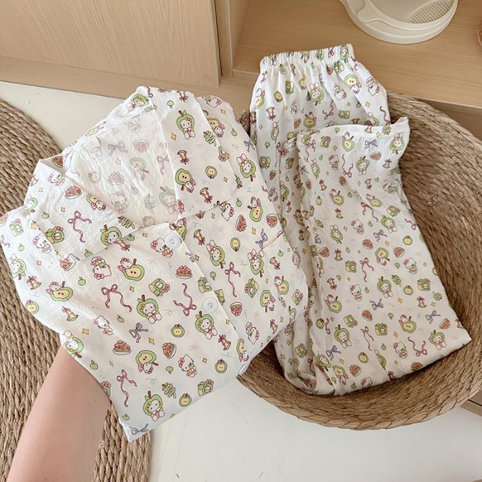 Women's Spring & Fall Cloud Cotton Pajama Set - Lightweight, Sweet Doll Collar, Long Sleeve & Pants with Prints.