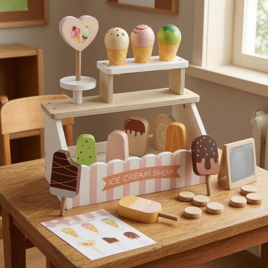 Ice Cream Shop Display Stand Pink and Wooden Striped Dessert Counter Playset for