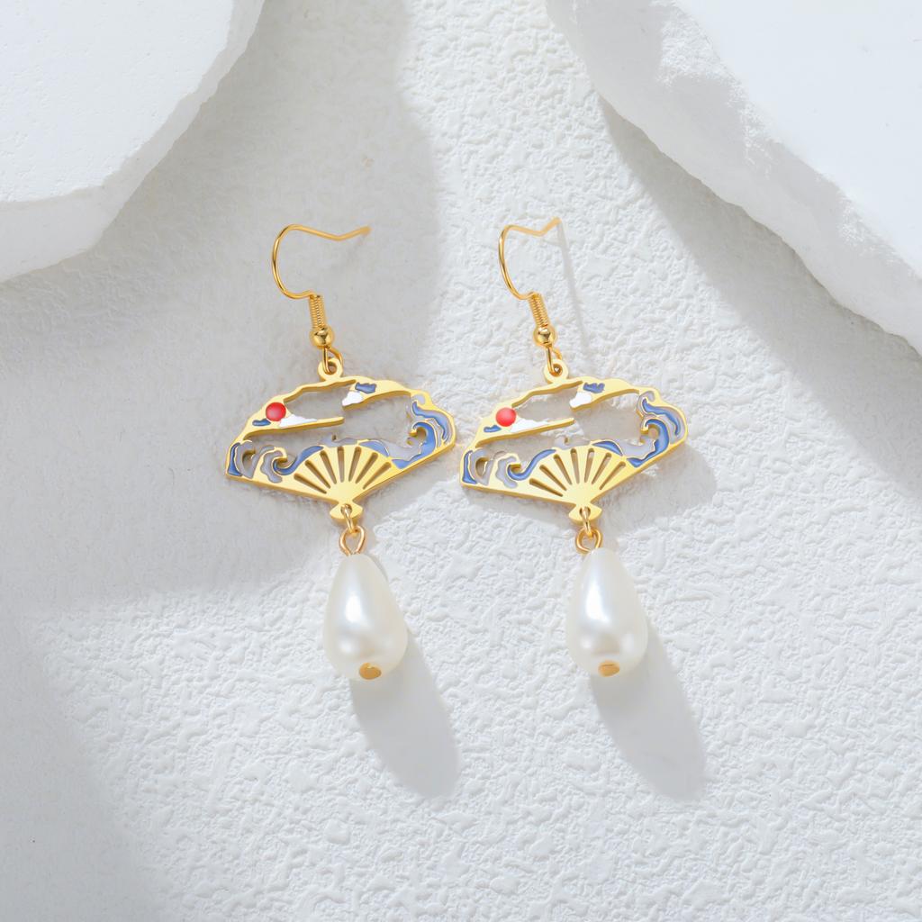 Teamer Enamel Folding Fan Charms Pearl Pendant Earrings For Women Girls Stainless Steel Hoop Earrings Fashion Jewelry Gift New