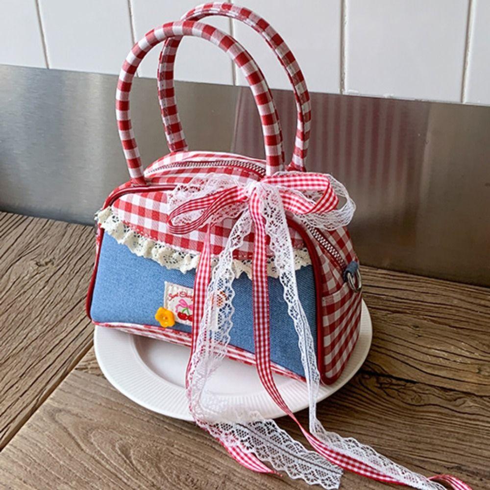Rural Style Lattice Bowling Bag Lovely Sweet Crossbody Bag Vintage Denim Plaid Handbag  Travel