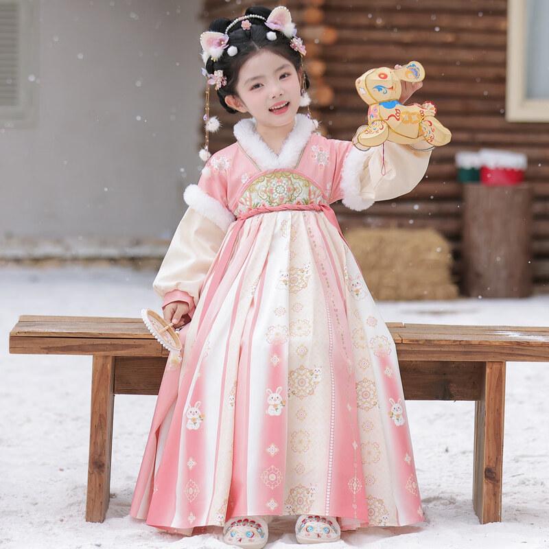 AnniYouEr Girls  Winter Hanfu Style Plush Dress 130