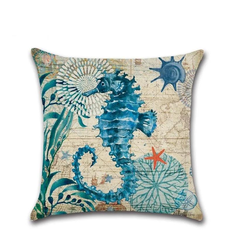Sea Turtle Nautical Mermaid Pattern Cotton Linen Throw Pillow Cushion Cover Car Home Decoration Sofa Decorative Pillowcase 40018