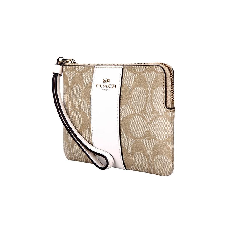 COACH Corner Zip 16 presbyopia canvas with leather mahjong wrist bag clutch small size women's white with khaki