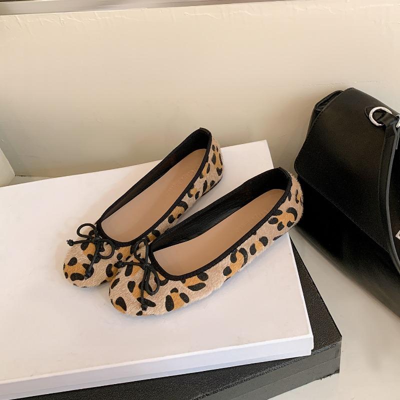 Leopard Print Leather Horsehair Round Head Bow Light Mouth Flat Sole Shoes Versatile Comfortable Ballet Women's Shoes