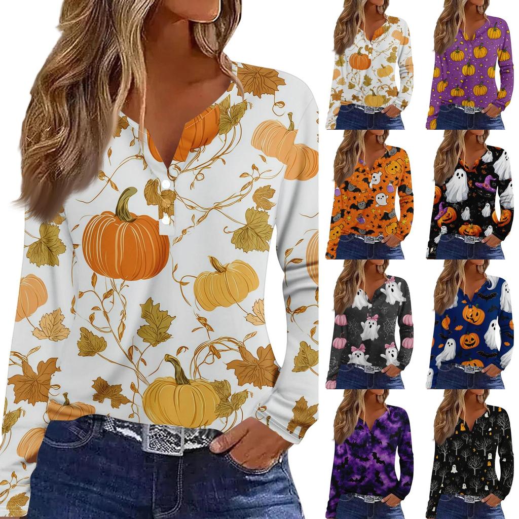 Women's Casual Long Sleeve V-Neck Halloween Print T-Shirt with Decorative Buttons