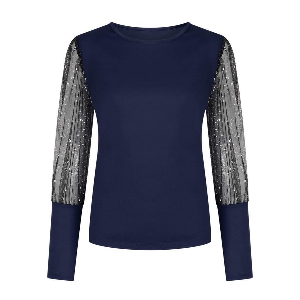Women Puff Sleeve Tops  Crewneck Sequin Casual Blouse Slim Comfy Bottomed Shirts Flexible  Pullover