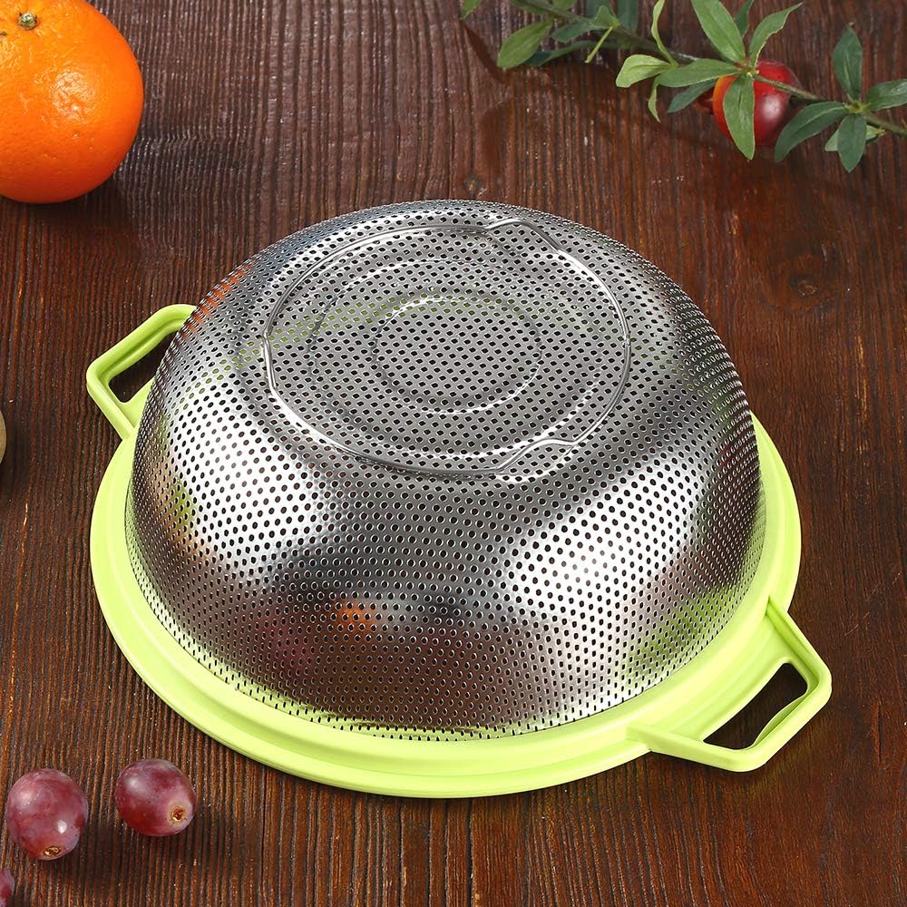Stainless Steel Colander With Handle and Legs, Large Metal Green Strainer for Pasta, Spaghetti, Berry, Veggies, Fruits, Noodles, Salads, 5-quart