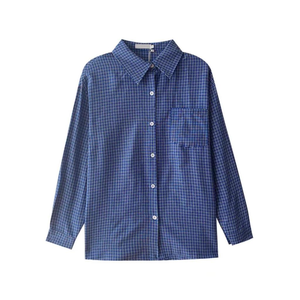 Miu Style Women's Blue Plaid Shirt Jacket - Loose College Layering for Early Autumn