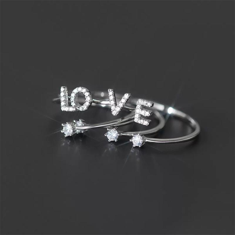Fashion 925 Silver 26 Letter Ring Sparkling Diamond Zircon Open Ring Index Finger Your Ring Birthday Party Jewelry
