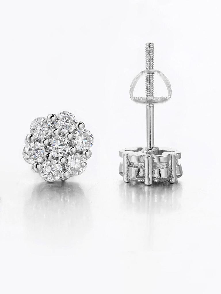 Ribbed Copper Zircon Flower Stud Earrings with Full Diamonds - High-End Hip Hop Style for Women