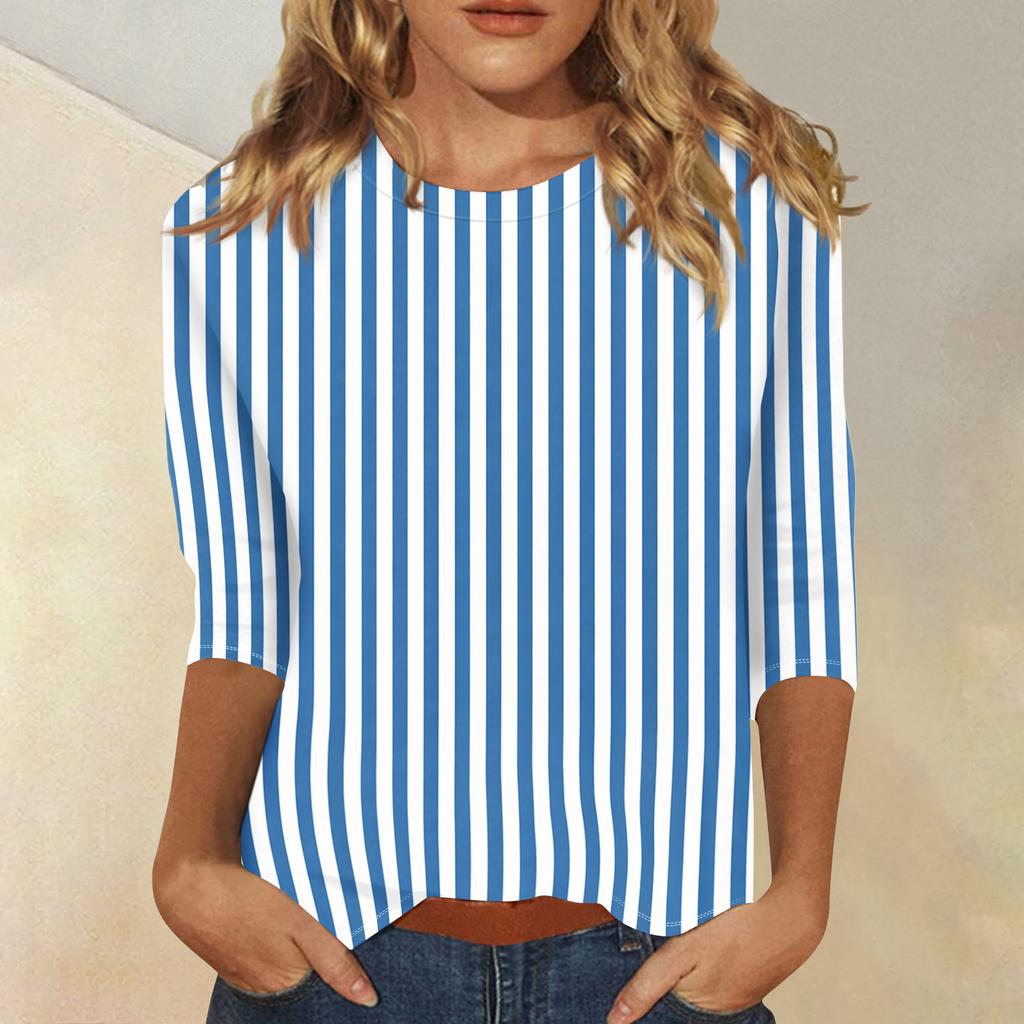 Women's Fashionable Casual Three-Quarter Sleeve Striped Print -Neck T-Shirt Top