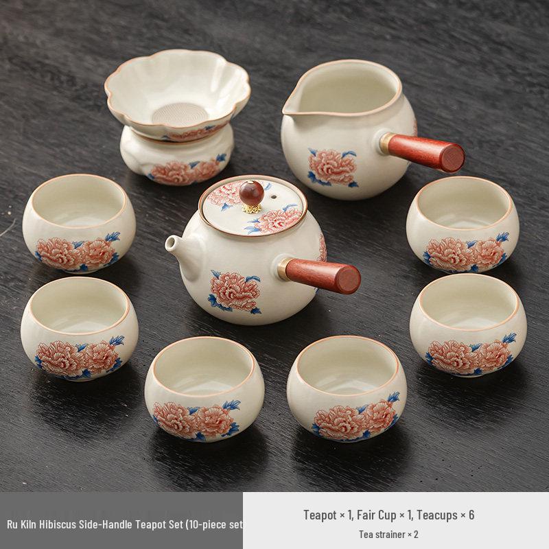 

High-Grade Ru Kiln Hibiscus Tea Set: Beige Ceramic Side-Handle Teapot, Teacups, and Platters for Home or Office. 1