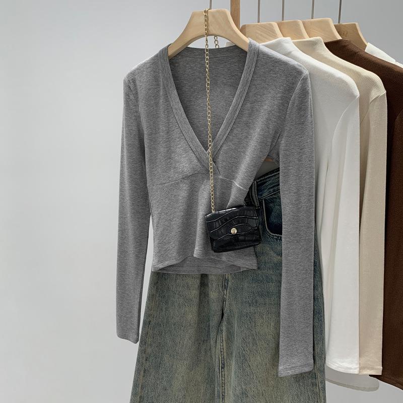 European High-End Women s Korean V-Neck Long-Sleeve T-Shirt, Slim-Fit Autumn/Winter 2025 Medium