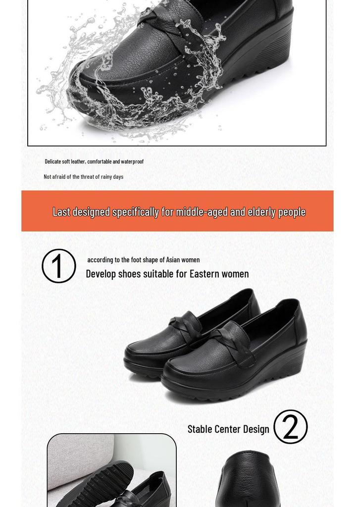 2026 Spring/Autumn Wedge Shoes for Middle-Aged Women - Casual Black Leather Mother's Footwear