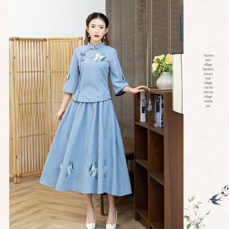Women's Ethnic Zen Tea Art Embroidered Dress - Vintage Pan Buckle Top with Midi Skirt and Seven-Sleeve Design for Spring/Summer